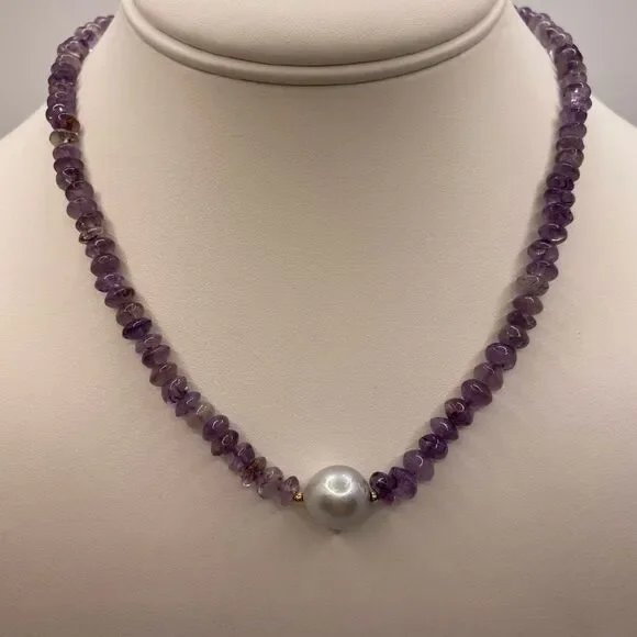 14k Amethyst Bead Necklace with Pearl - Picture 7 of 12